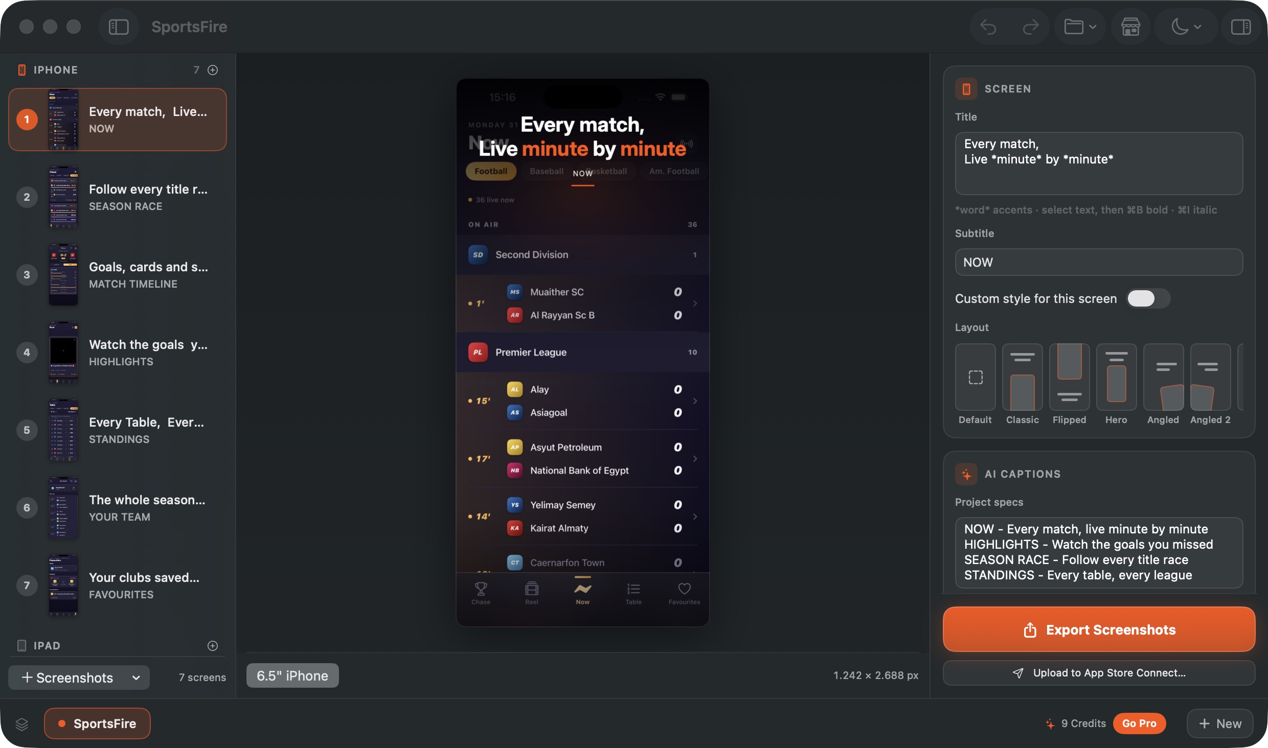 Prevo on macOS: a sports app screenshot styled into an App Store marketing screen, with layout presets and AI captions in the inspector